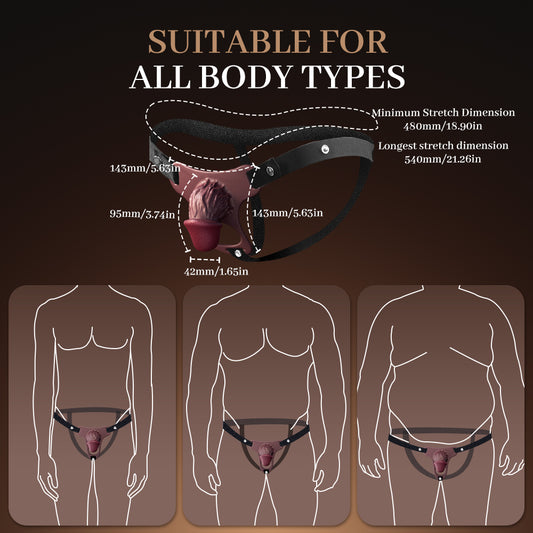 Chastity sheath sizing diagram with labeled measurements and illustrations of the harness on three body shapes.